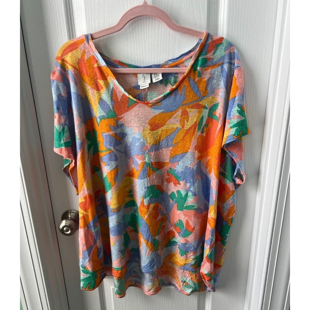 Joie Womens Top Mulitcolor Floral 100% Linen Short Sleeve Size 3X